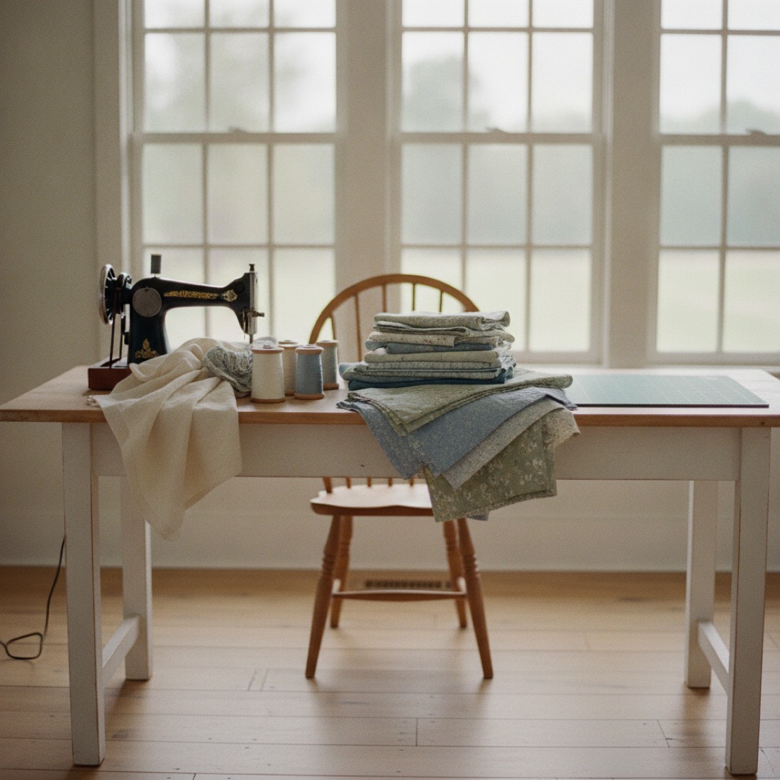 A bright craft workroom with a long worktable, sewing machine and stacked quilting fabric
