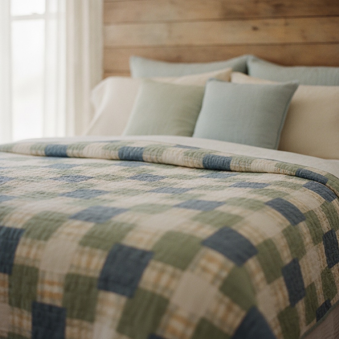 A farmhouse guest bedroom with a patchwork quilt in soft blues and greens