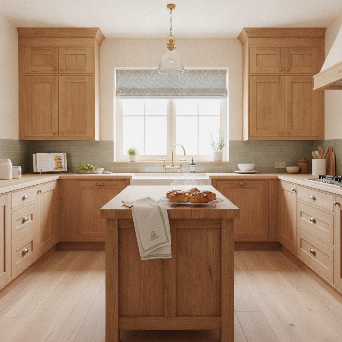 A renovated farmhouse kitchen with warm wood cabinets and a farmhouse sink