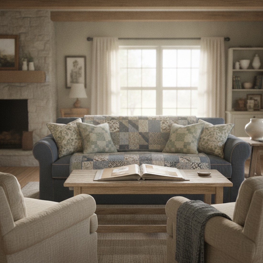 A warm living room with a deep sofa, quilted throws and a scrapbook on the coffee table