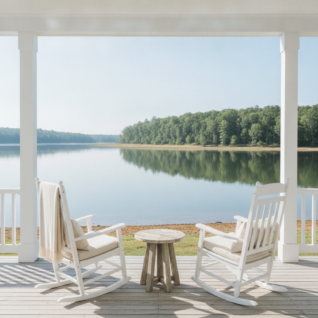 A farmhouse porch with rocking chairs overlooking calm water and trees