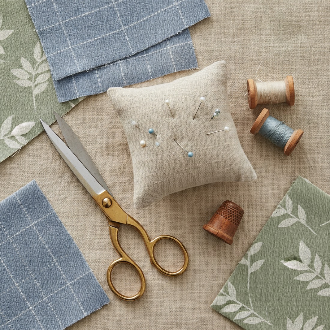 An overhead flat-lay of quilting notions, fabric squares and thread on warm linen