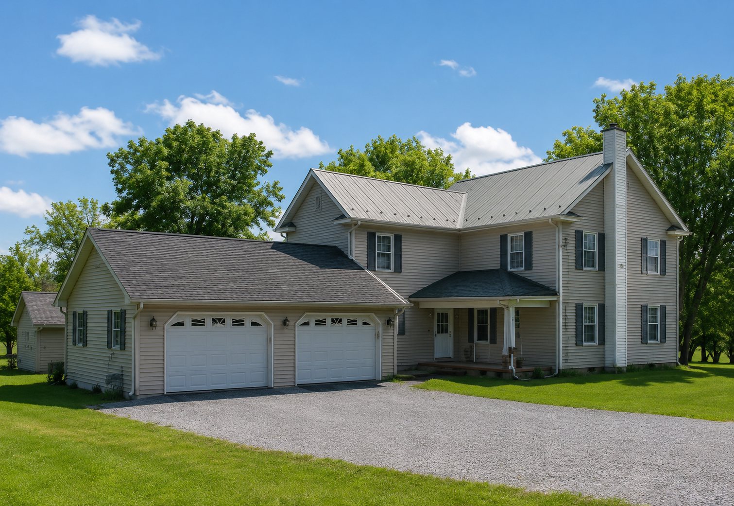 The farmhouse exterior on a clear day with a green lawn